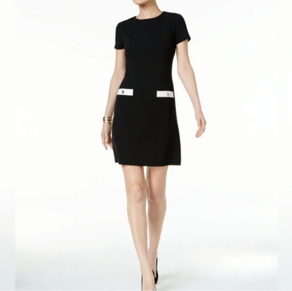 NWOT Tommy Hilfiger Scuba Crepe Short Sleeve Dress Women's 14 Black White Office